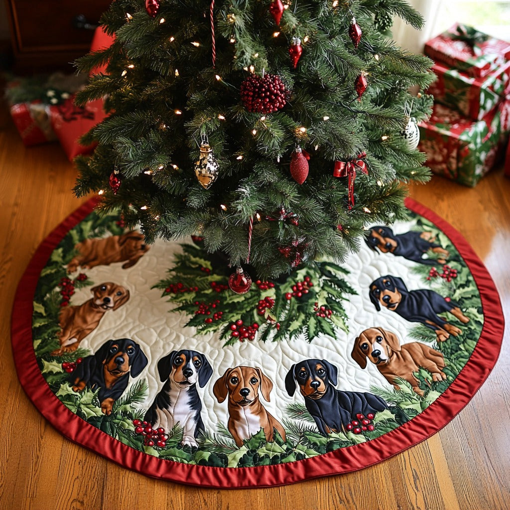 Dachshund Sleigh Bells Quilted Christmas Tree Skirt Xmas Indoor Decorations Sausage Dog Merchandise