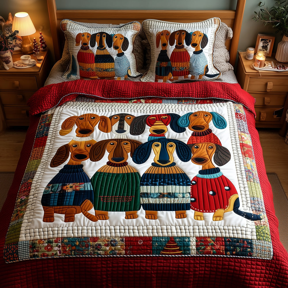 Dachshund Slumber Party Quilted Bedding Set Bed Room Decoration Wiener Dog Gifts For Her