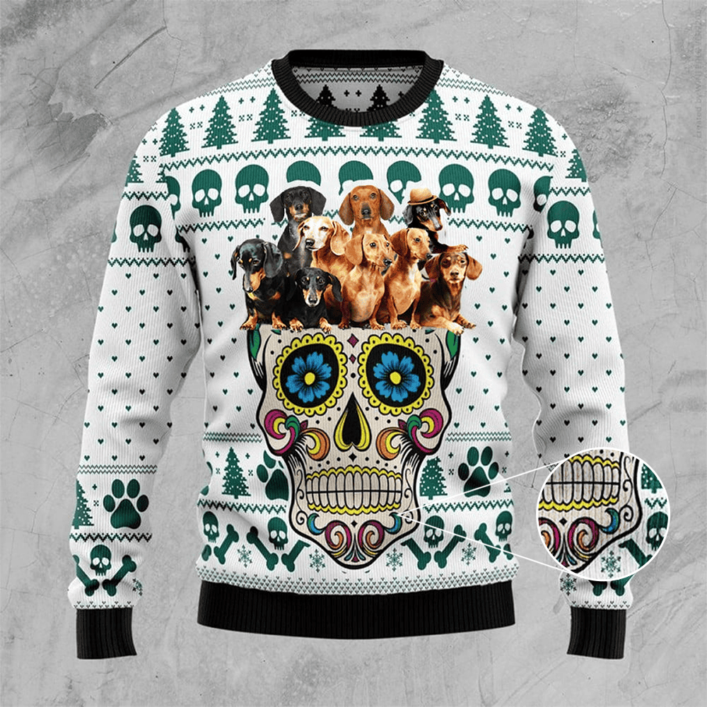Dachshund Sugar Skull Ugly Christmas Sweater Dachshund Dog Graphic Tee Christmas Clothing