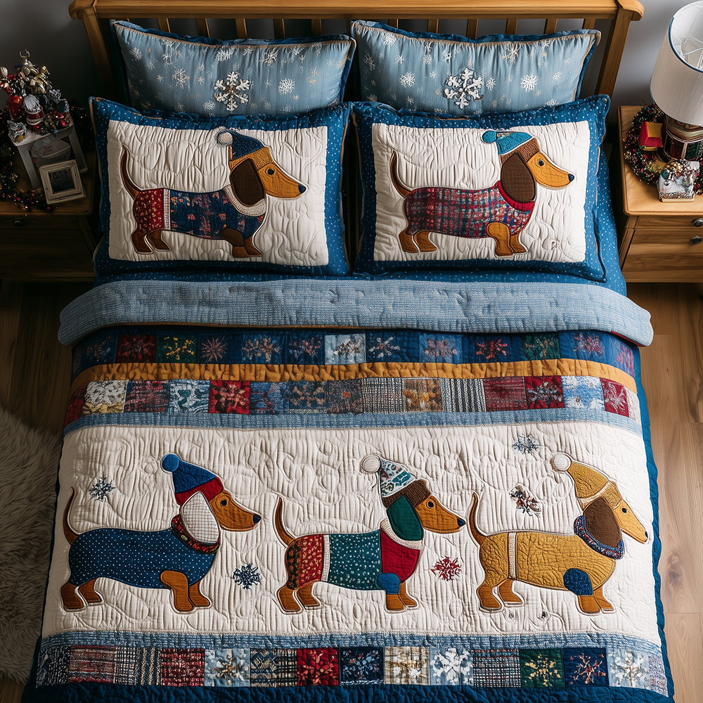 Dachshund Sweater Weather Quilted Bedding Set Cozy Bedroom Decor Sausage Dog Gift Ideas