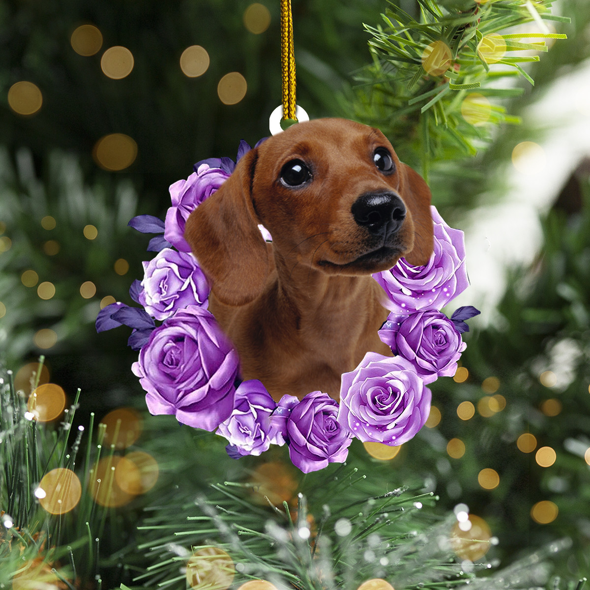 Dachshund Wearing Purple Rose Circle Ornament Cute Puppy Christmas Ornament Dog Lover Gift