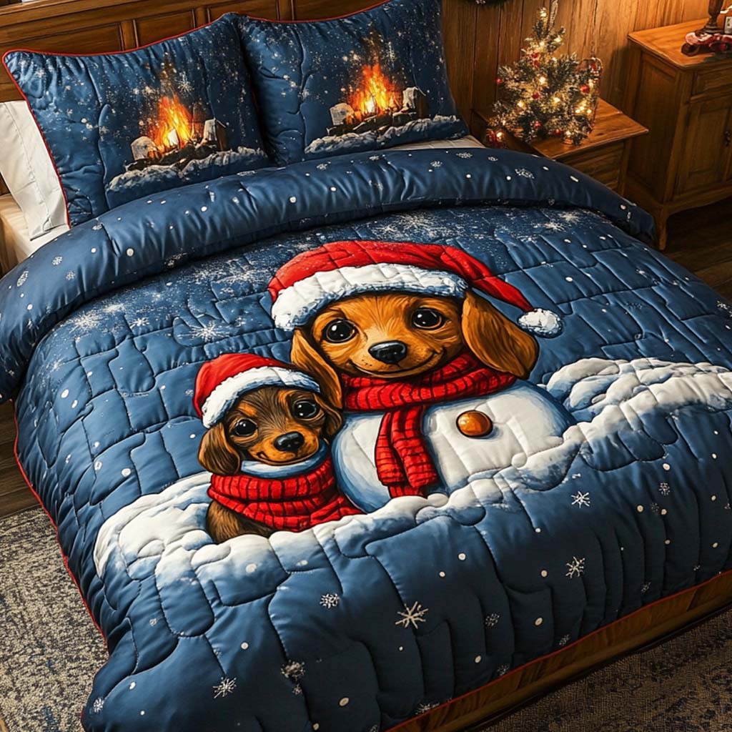 Dachshund Winter Pair Quilted Bedding Set Xmas Holiday Duvet Cover Set Sausage Dog Themed Gifts