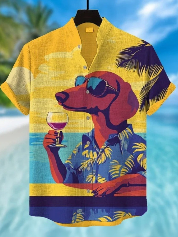 Dachshund With A Glass Of Wine International Dog Day Vacation Hawaiian Shirt Gifts For Men's