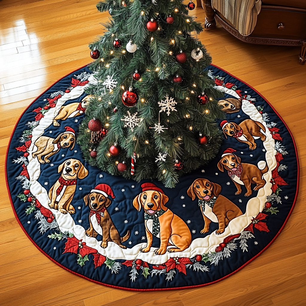 Dachshund Xmas Joy Christmas Quilted Tree Skirt Lovely Gift Merch for a Festive Home
