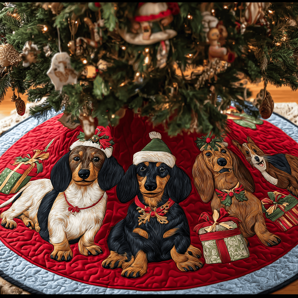 Dachshunds Delight Christmas Quilted Tree Skirt Holiday Decor Xmas Gifts For Dachshund Lovers
