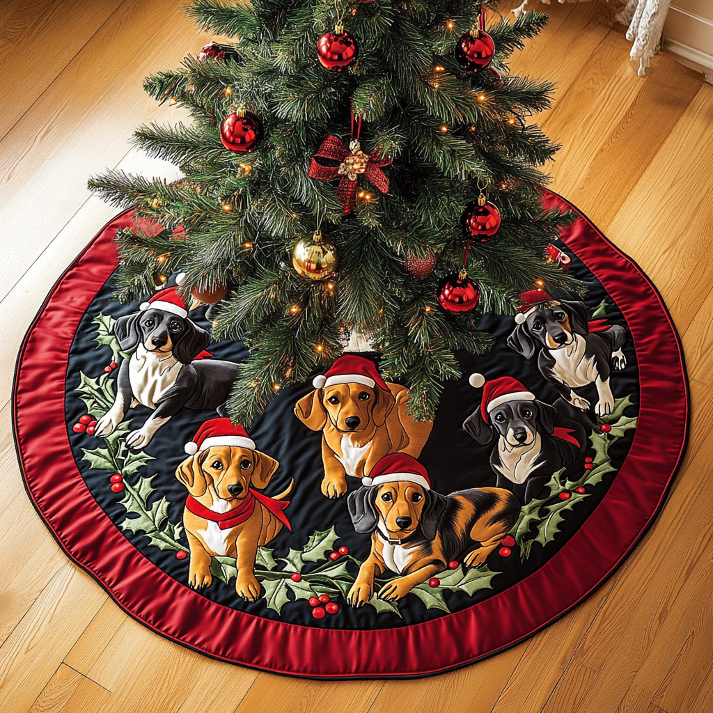 Dachshunds Gathering Christmas Quilted Tree Skirt Unique Holiday Gift Merch for Family Homes