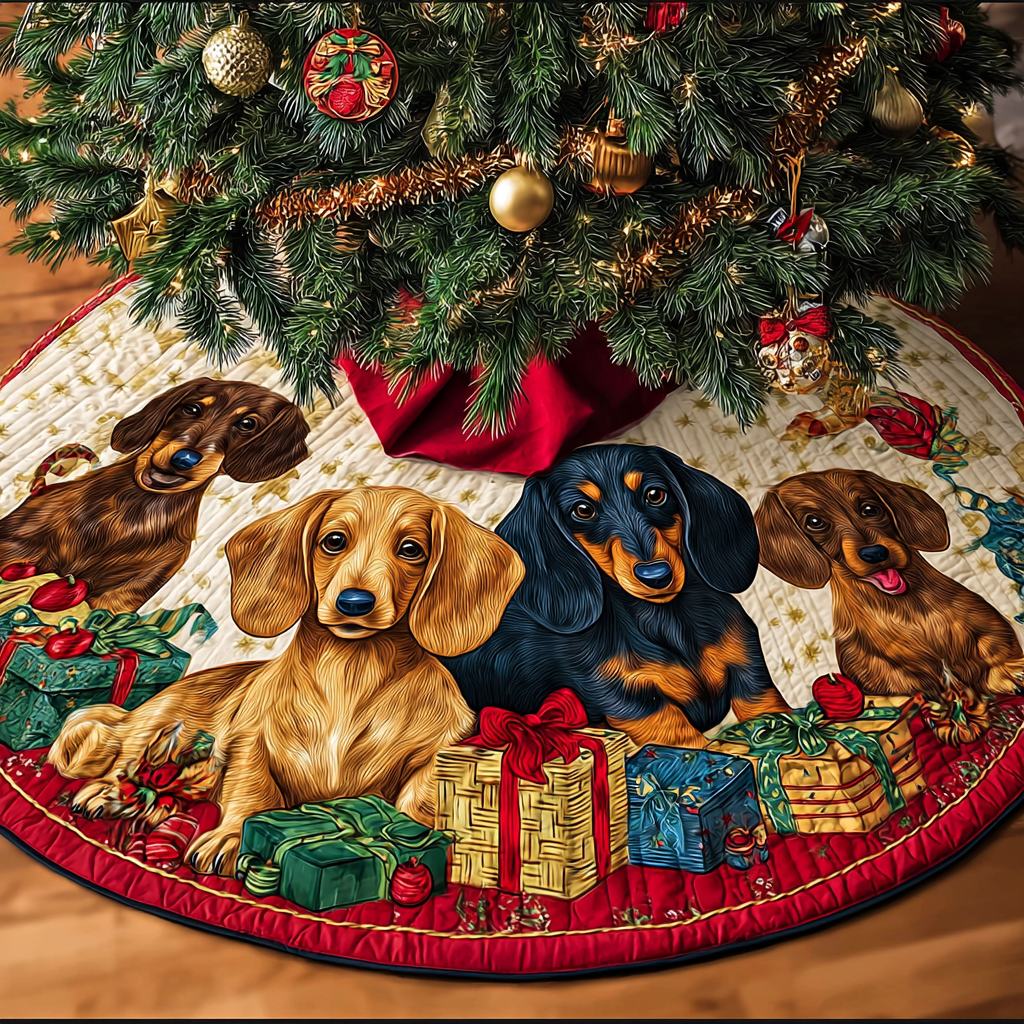 Dachshunds Gathering Christmas Quilted Tree Skirt Warm and Cozy Quilted Tree Skirt for Winter Festivities