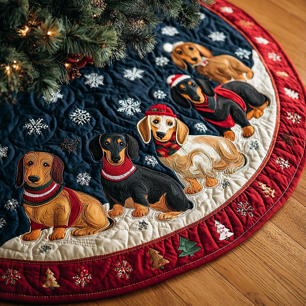Dachshunds Holiday Christmas Quilted Tree Skirt Xmas Tree Base Cover Gift Ideas For Dachshund Lovers