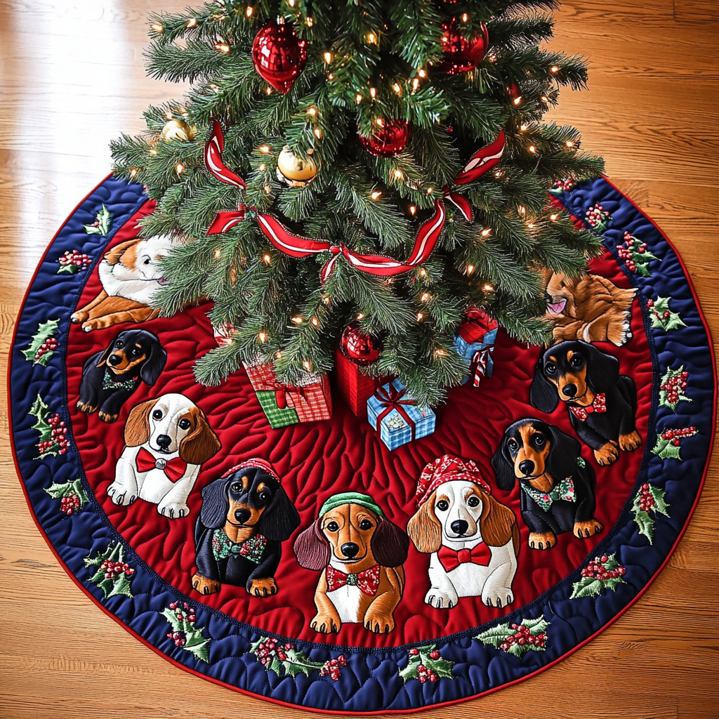 Dachshunds Spirit Christmas Quilted Tree Skirt Luxury Quilted Tree Skirt Gift for Elegant Interiors