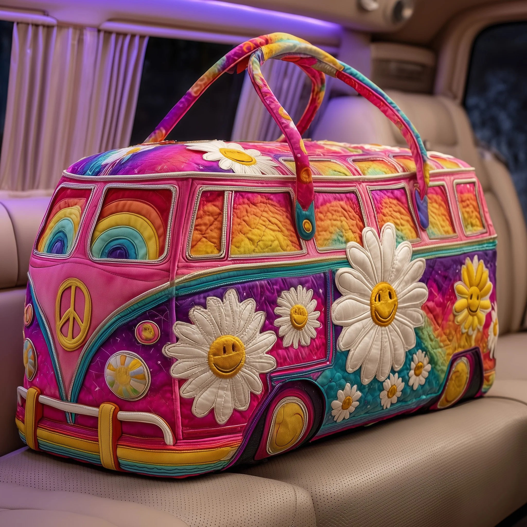 Daisies Hippie Van Quilted Duffle Bag Best Gym Bags Unique Gifts Idea For Daisy Lovers