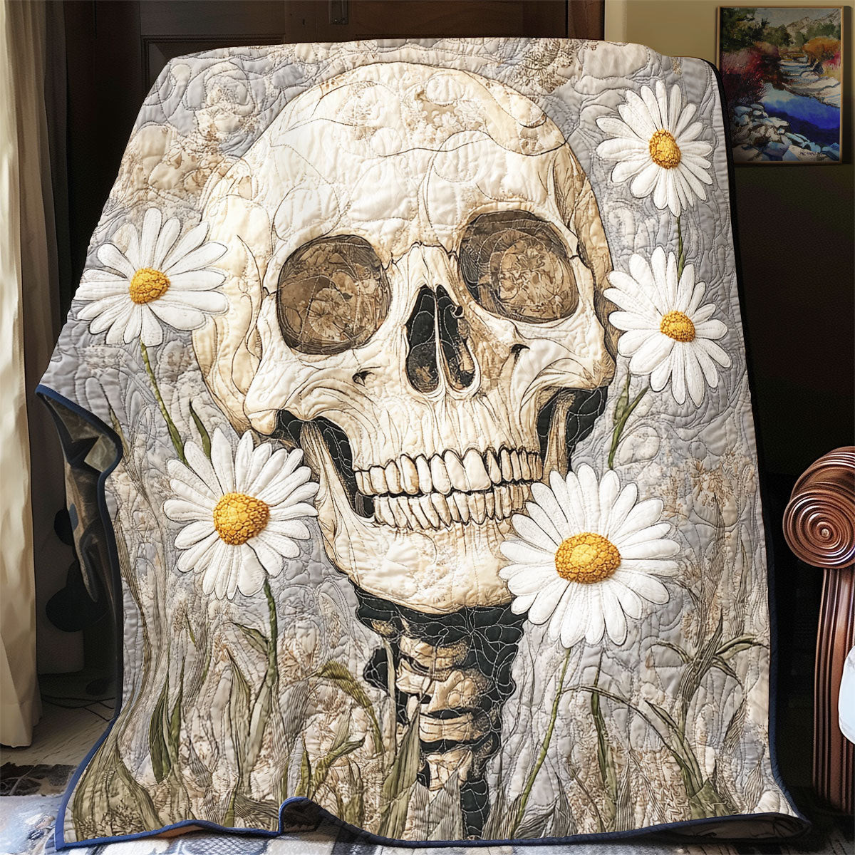 Daisy And Skull Life Quilt Decoration Gift For Friends and Family on Halloween Day