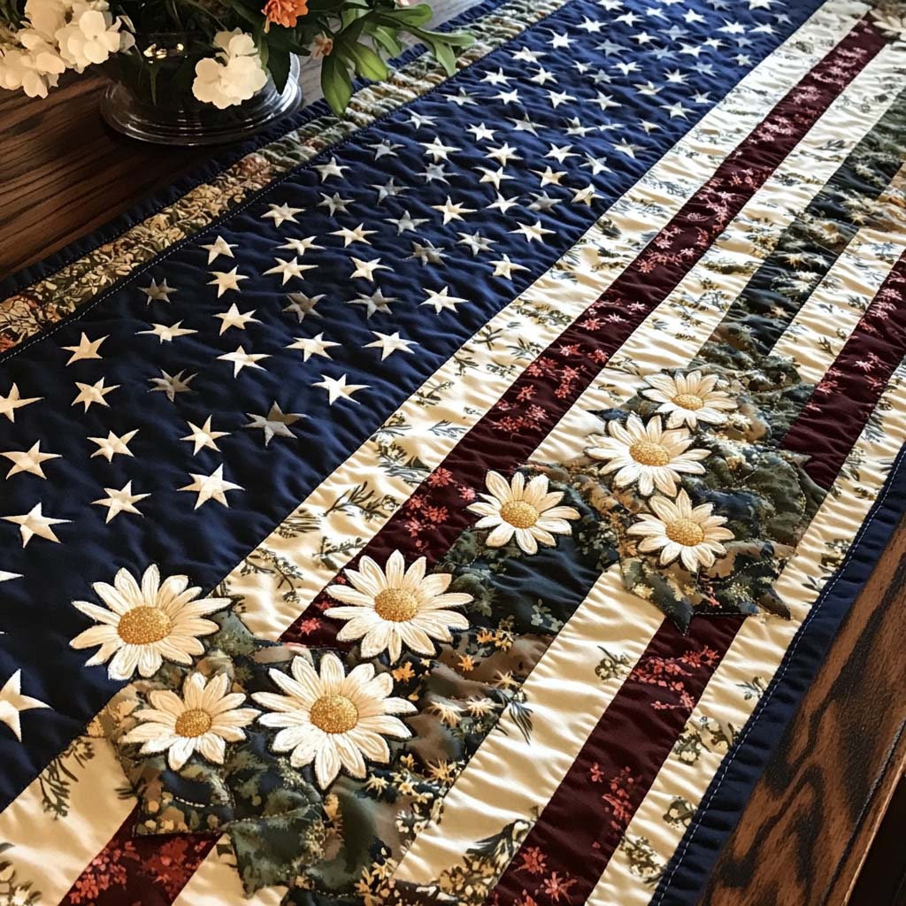 Daisy Banner Quilted Table Runner Elegant Holiday Table Runners Patriotic Gift Ideas