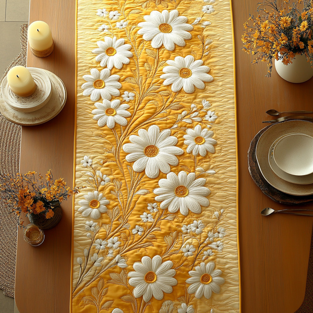 Daisy Bliss Quilted Table Runner Dining Table Decor Gifts With Daisies On Them