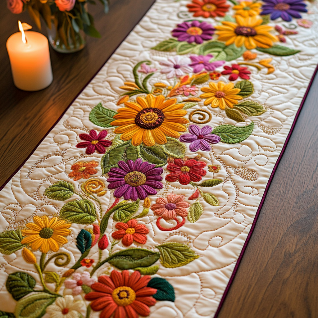 Daisy Bloom Quilted Table Runner Kitchen Table Decor Ideas Sunflower Gifts For Grandma