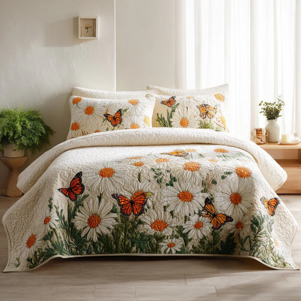 Daisy Butterfly Garden 3-Piece Quilted Bedding Set Floral Bedspread Best Gift For Flower Lovers