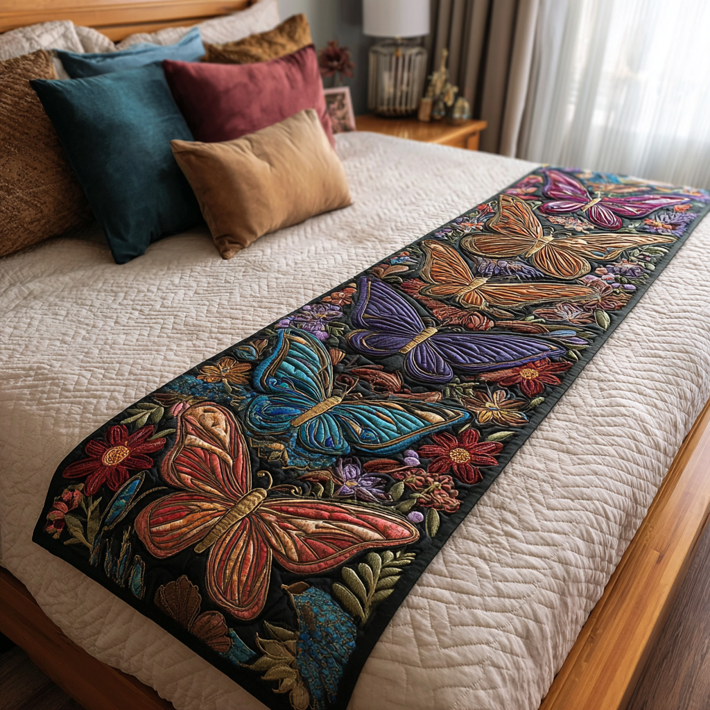 Daisy Butterfly Quilted Bed Runner Cozy Bedroom Decor Butterfly Gift Ideas Birthday