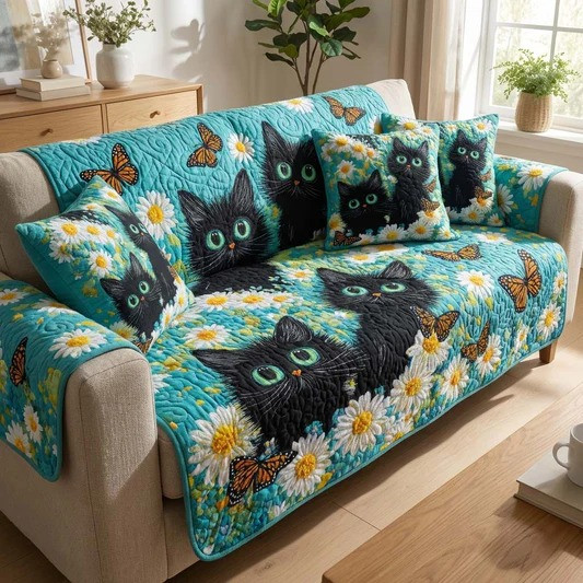 Daisy Cat Breeze Quilted Sofa Cover Cat Lover Home Decor Gift For Cozy Living Room