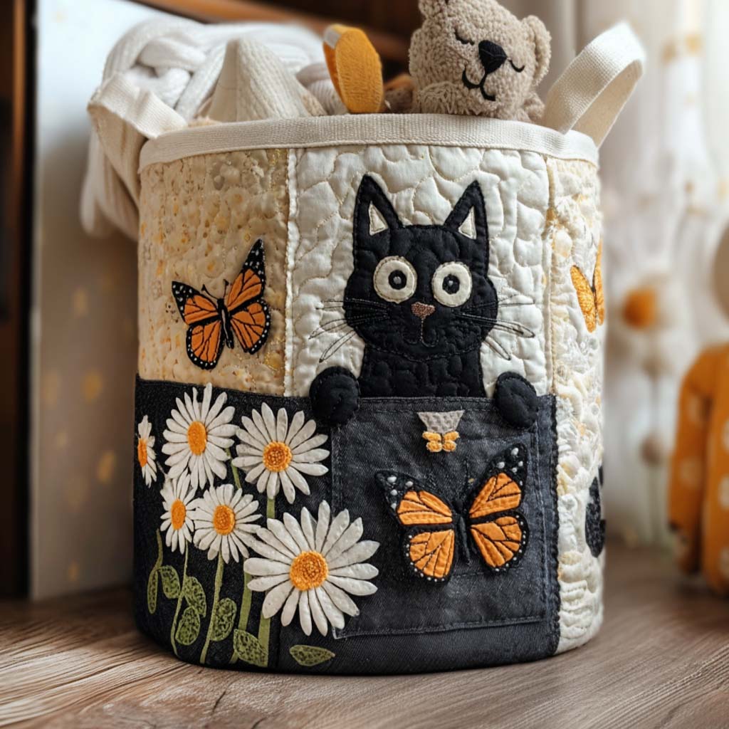 Daisy Cat Quilted Laundry Basket Elegant Quilted Laundry Bin for Bedroom and Bathroom