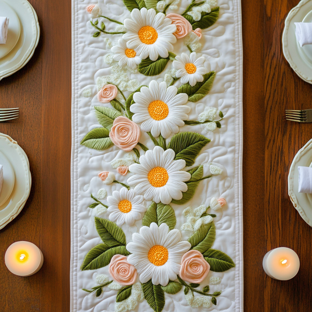 Daisy Charm Quilted Table Runner Kitchen Table Decor Flower Daisy Inspired Gifts