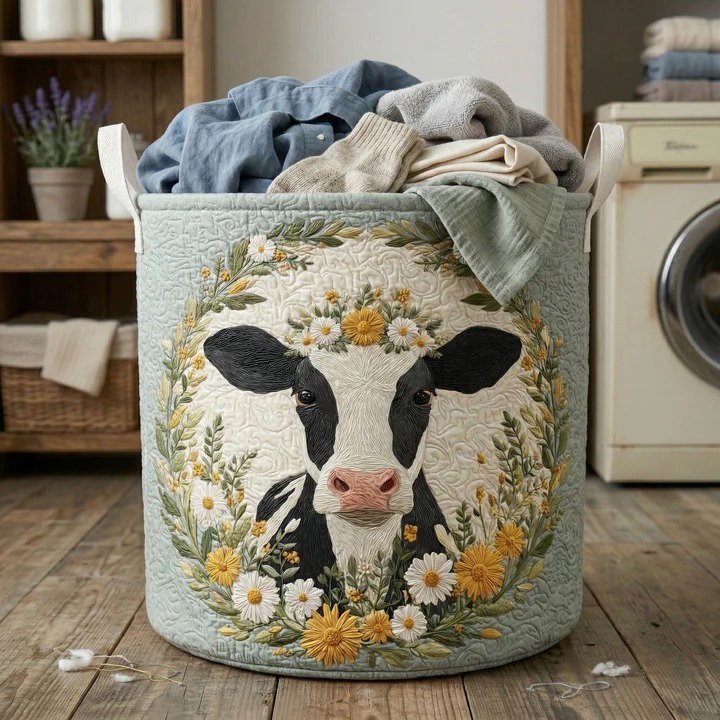Daisy Cow Garden Wreath Quilted Laundry Basket Farmhouse Home Decor Best Gift For Cow Lover Farmers