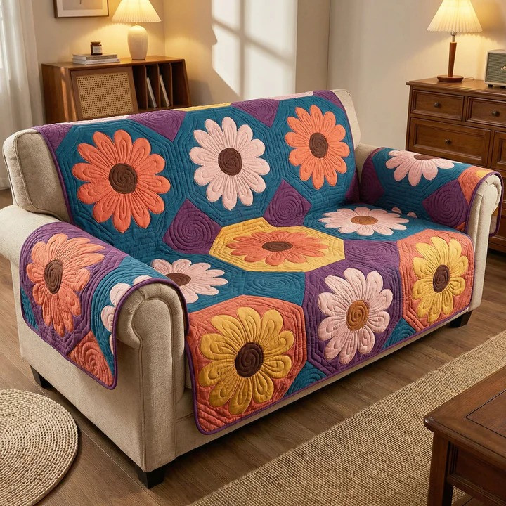 Daisy Daydream Quilted Sofa Cover Floral Boho Furniture Protector Best Gift For Flower Lovers