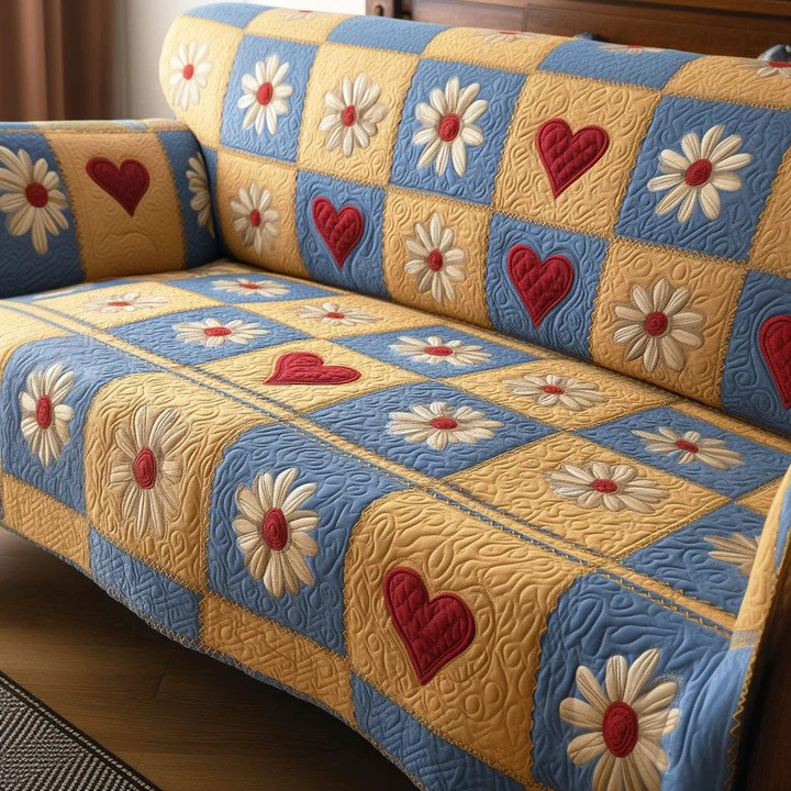 Daisy Delight Quilted Sofa Cover Bright Floral Furniture Protector Best Gift Ideas For Flower Fans