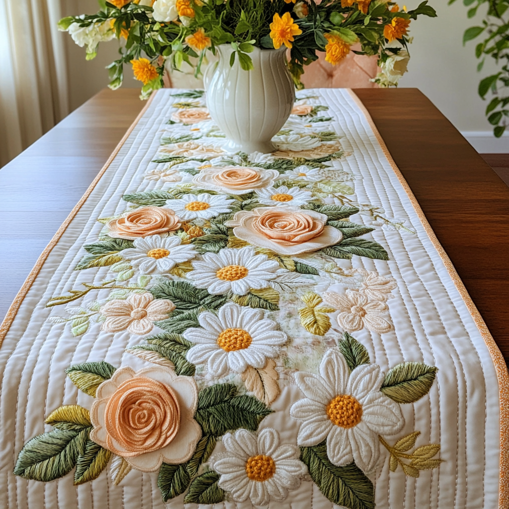Daisy Delight Quilted Table Runner Kitchen Table Decor Flower Daisy Blossom Gifts