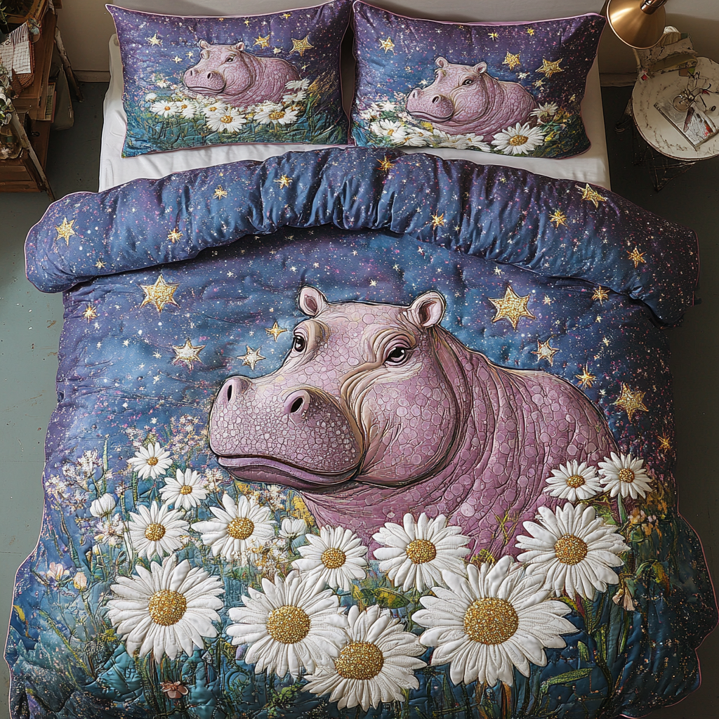 Daisy Doze Quilted Bedding Set Cozy Bedroom Decor Hippopotamus Gift Items