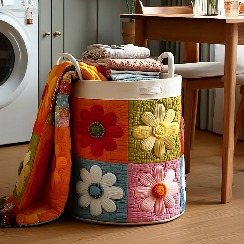 Daisy Flower Quilted Laundry Basket Thanksgiving Merch Gift