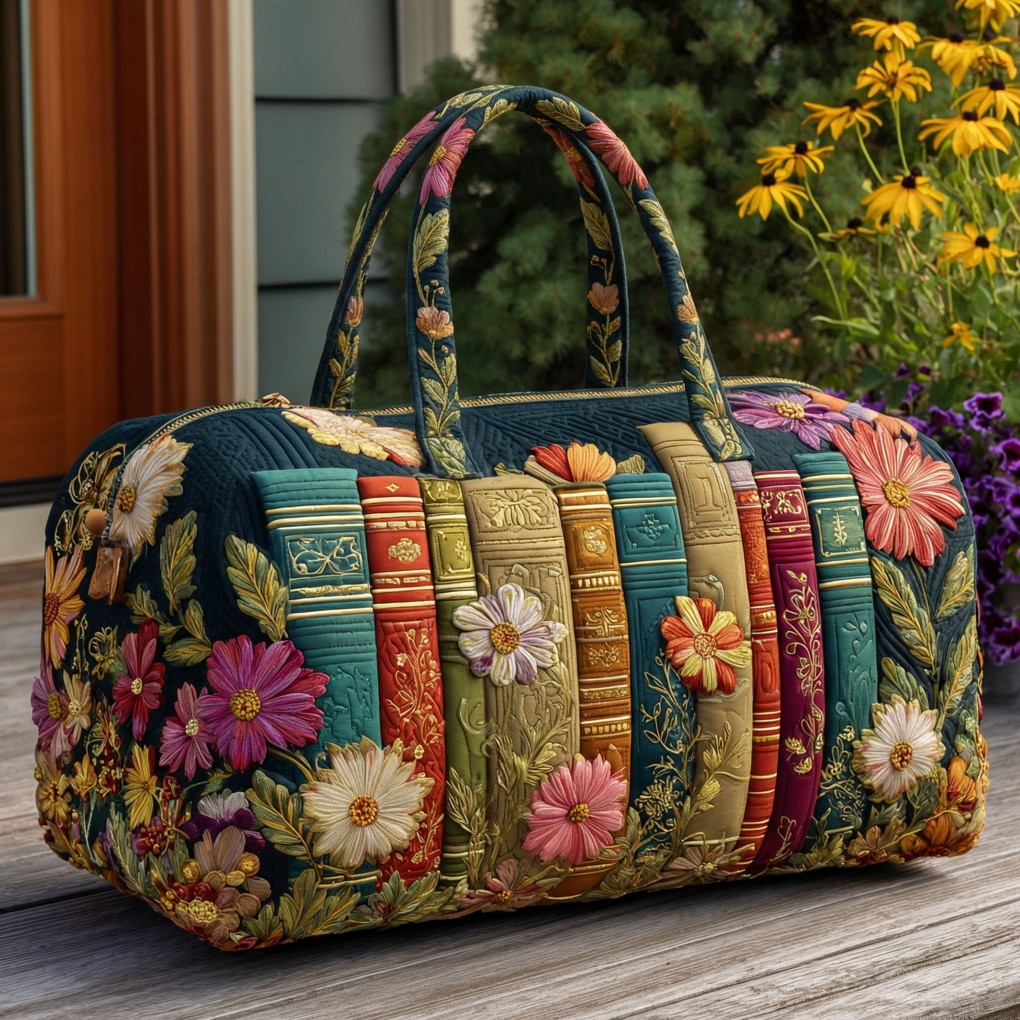 Daisy Library Quilted Duffle Bag Floral Book Travel Bag Best Gift For Readers Garden Camping Lovers