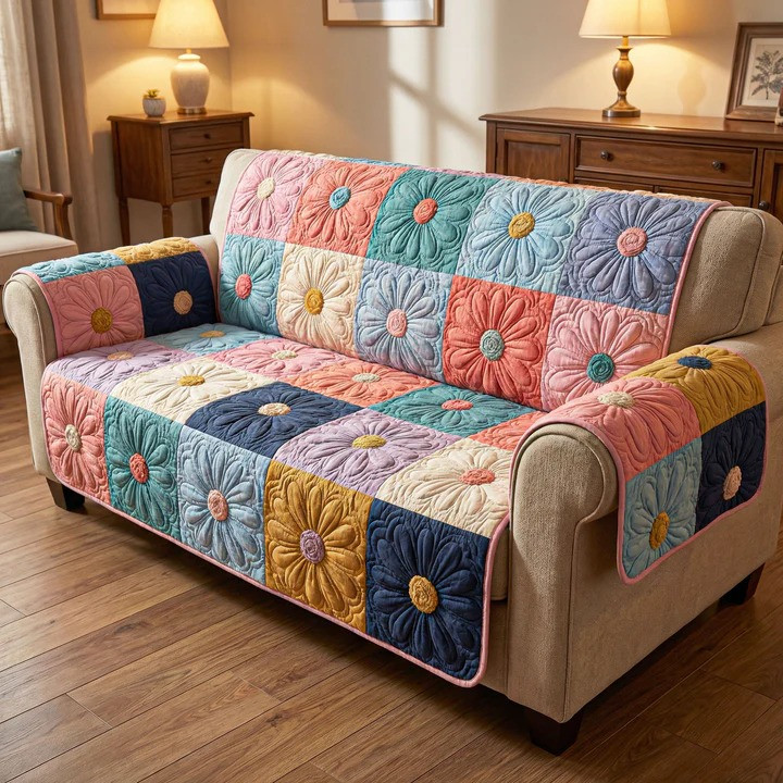 Daisy Light Quilted Sofa Cover Soft Floral Furniture Protector Best Gift For Flower Lover Mom
