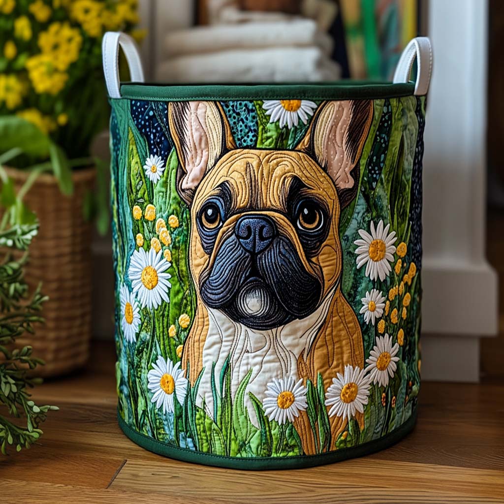 Daisy Meadow Frenchie Quilted Laundry Basket Elegant Quilted Laundry Tote Gift for Daily Organization