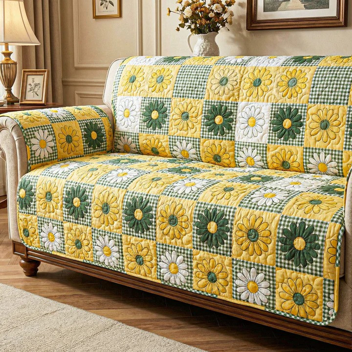 Daisy Meadow Quilted Sofa Cover Wildflower Cottagecore Furniture Protector Best Home Decor Gift