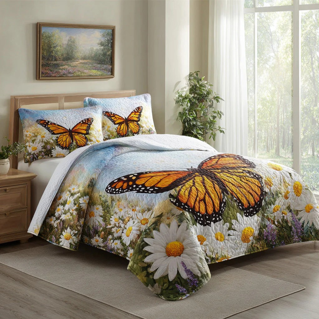 Daisy Monarch Butterfly 3-Piece Quilted Bedding Set Floral Bedspread Best Gift For Butterfly Fans