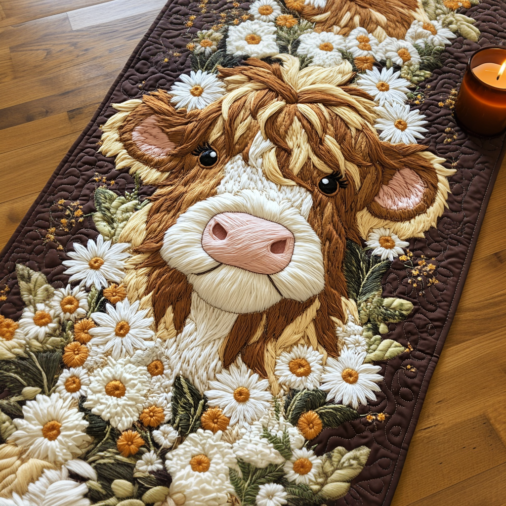Daisy Moo Quilted Table Runner Kitchen Table Decor Gifts For Highland Cow Lovers
