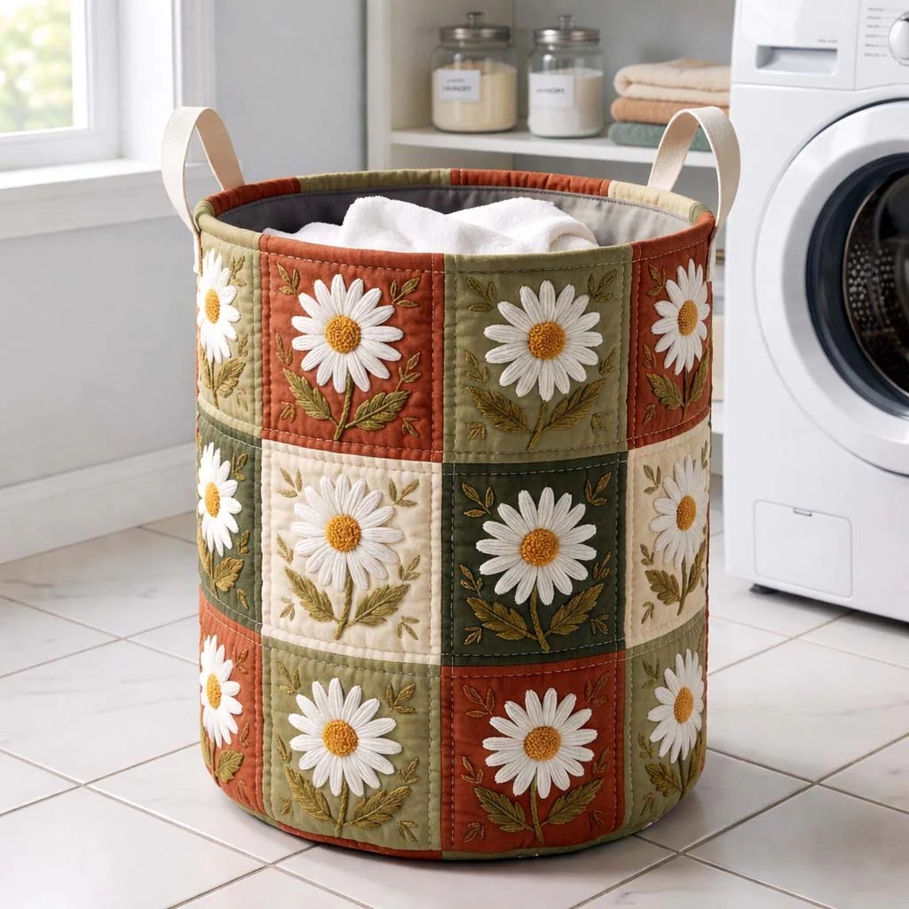 Daisy Patch Garden Quilted Laundry Basket Farmhouse Rustic Home Decor Best Gift For Daisy Lovers