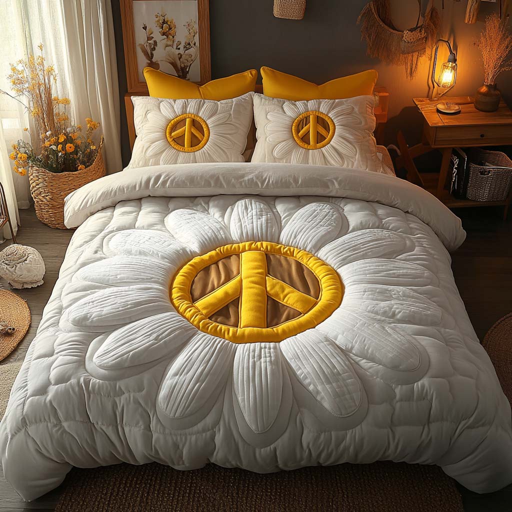 Daisy Peace Glow Quilted Bedding Set Christmas Bedding Sets Best Gifts For Hippie Friends