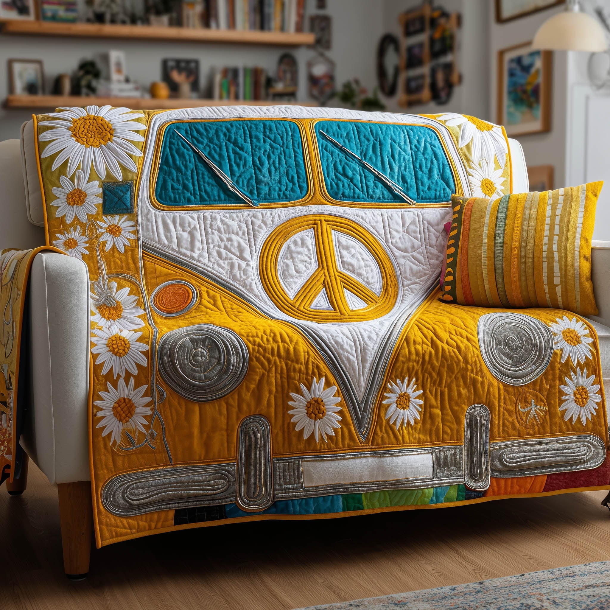 Daisy Ride Quilted Sofa Cover Flower Petal Van Motif Gifts For Your Hippie Friend