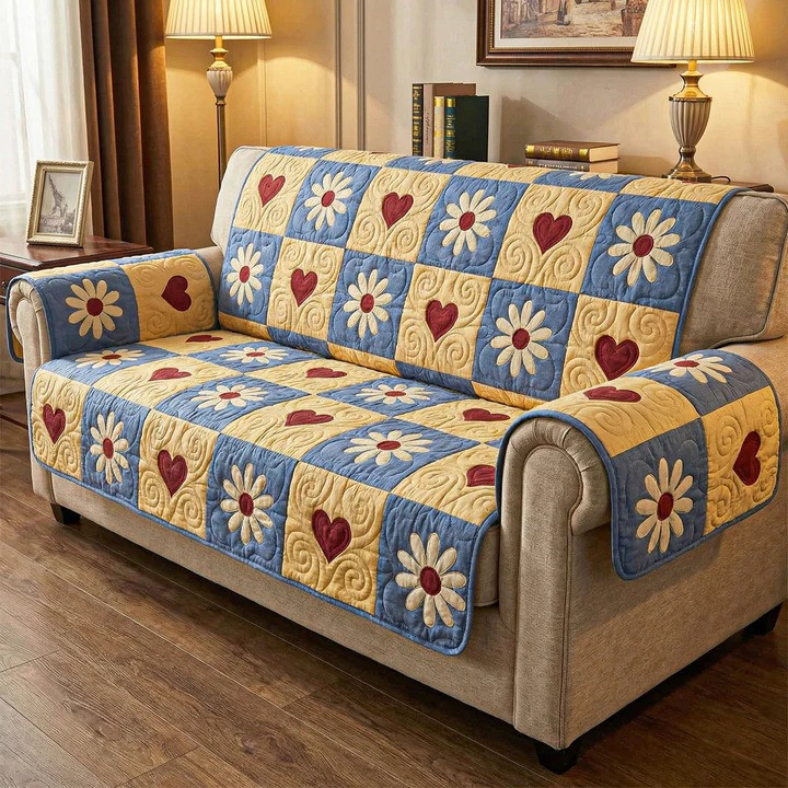 Daisy Sunshine Quilted Sofa Cover Cheerful Floral Furniture Protector Best Gift For Flower Lovers