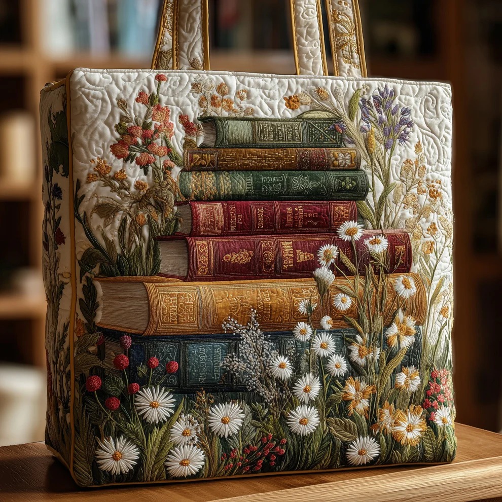 Daisy Wildflower Book Stack Quilted Tote Bag Cozy Bookworm Literary Seasonal Floral Gift For Mom