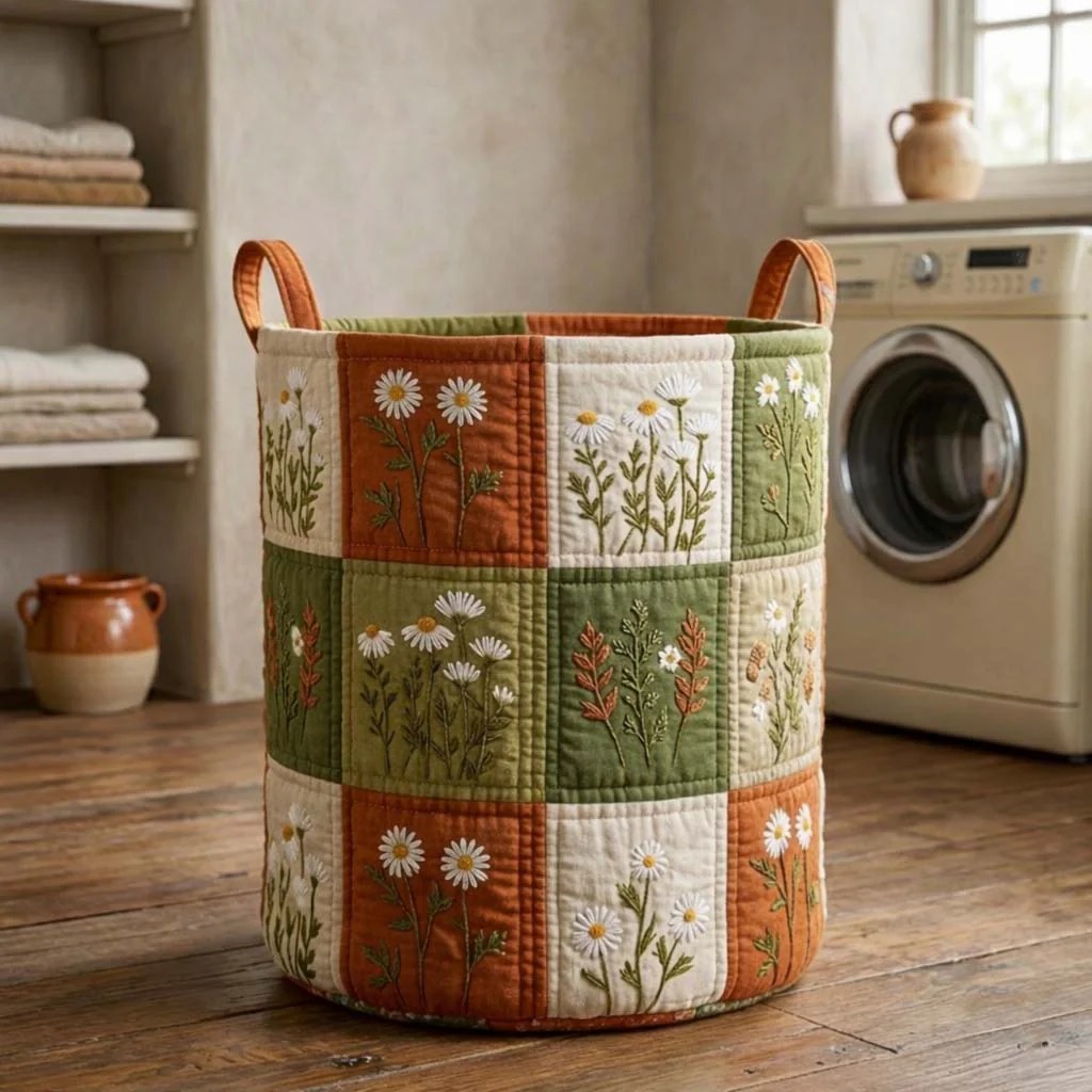 Daisy Wildflower Quilted Laundry Basket Farmhouse Rustic Home Decor Best Gift For Wildflower Lovers