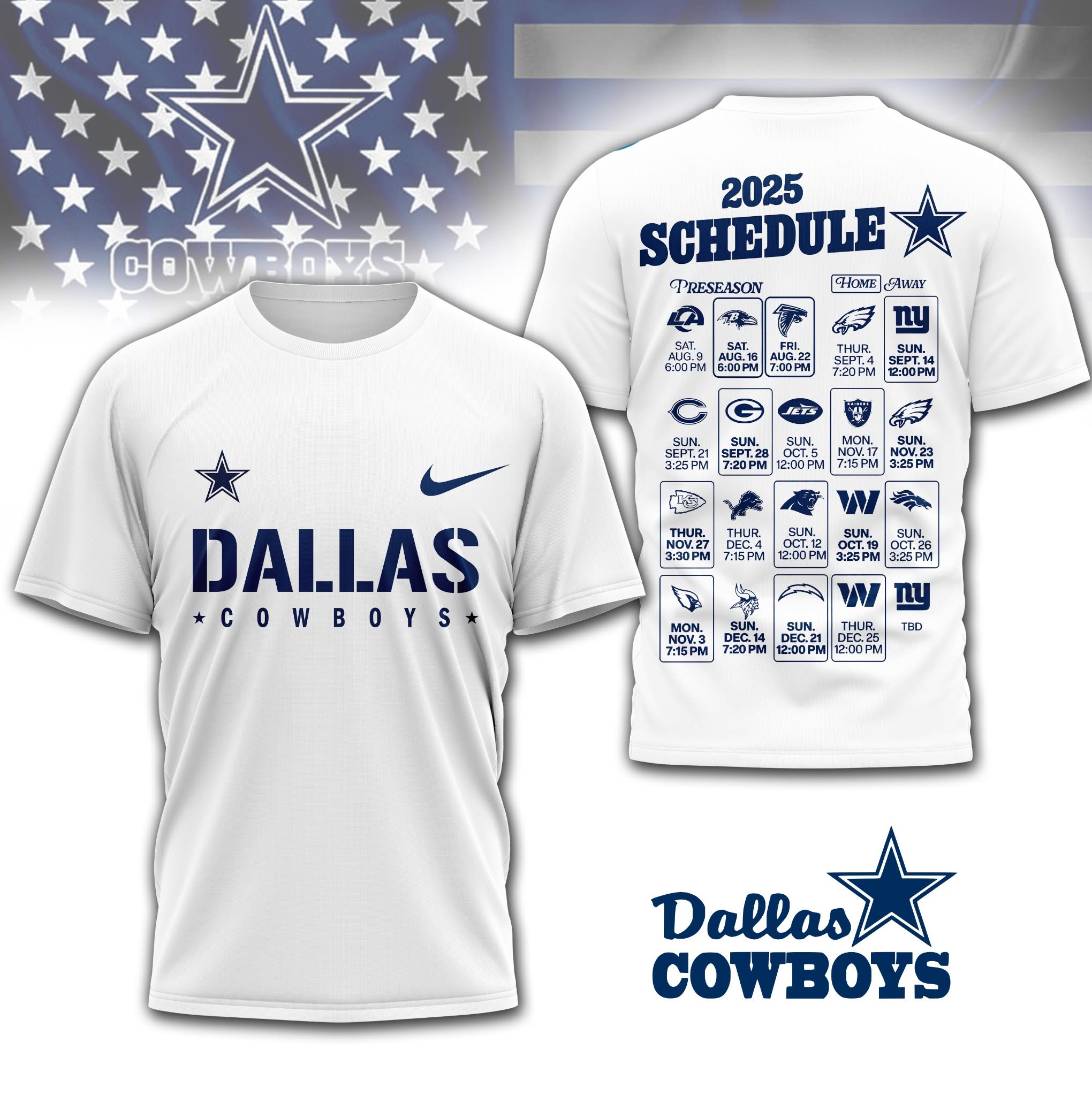 Dallas Cowboys Merch Dallas Cowboys 2025 Schedule White T-Shirt Best Gift For Football Lover