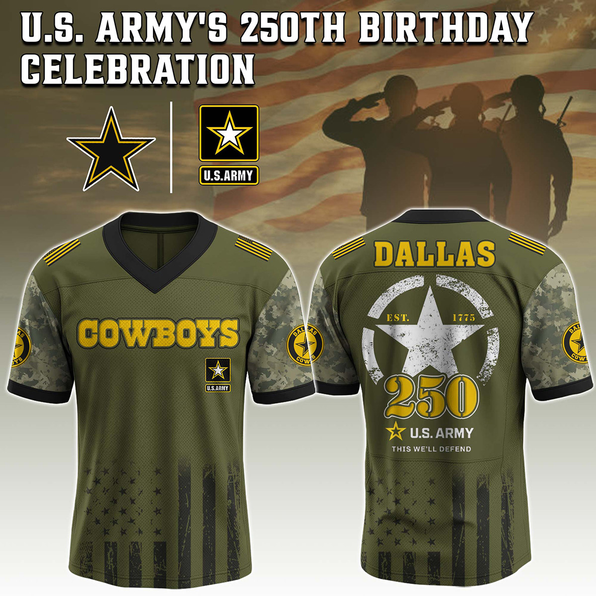 Dallas Cowboys US Army 250th Anniversary Football Jersey V-Neck Gift For Cowboys Fans