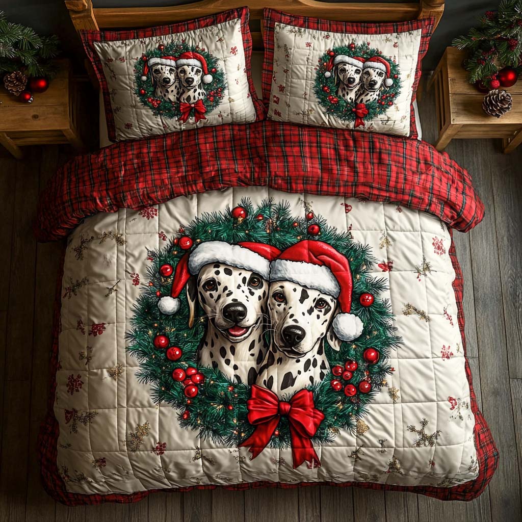 Dalmatian Wreath Duo Quilted Bedding Set Christmas Duvet Cover Presents For Dog Owners