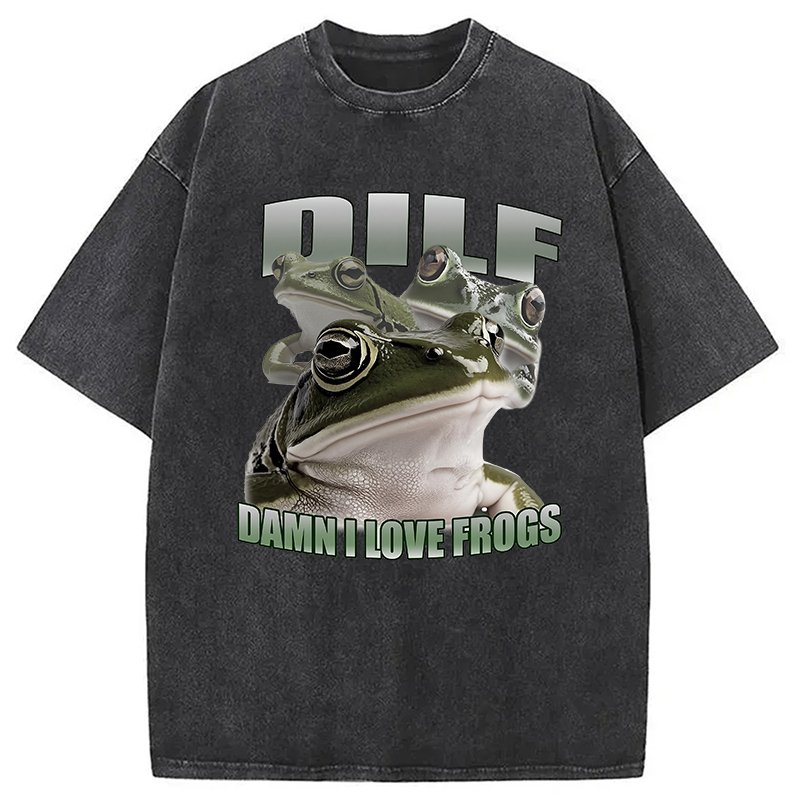 Damn I Love Frogs Washed T-Shirt Retro Humor Graphic Top Gifts For Him