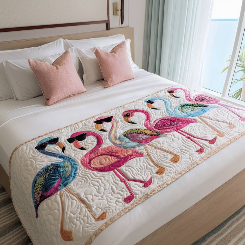 Dance of the Flamingo Quilted Bed Runner Cozy Bedroom Decor Flamingo Theme Gifts
