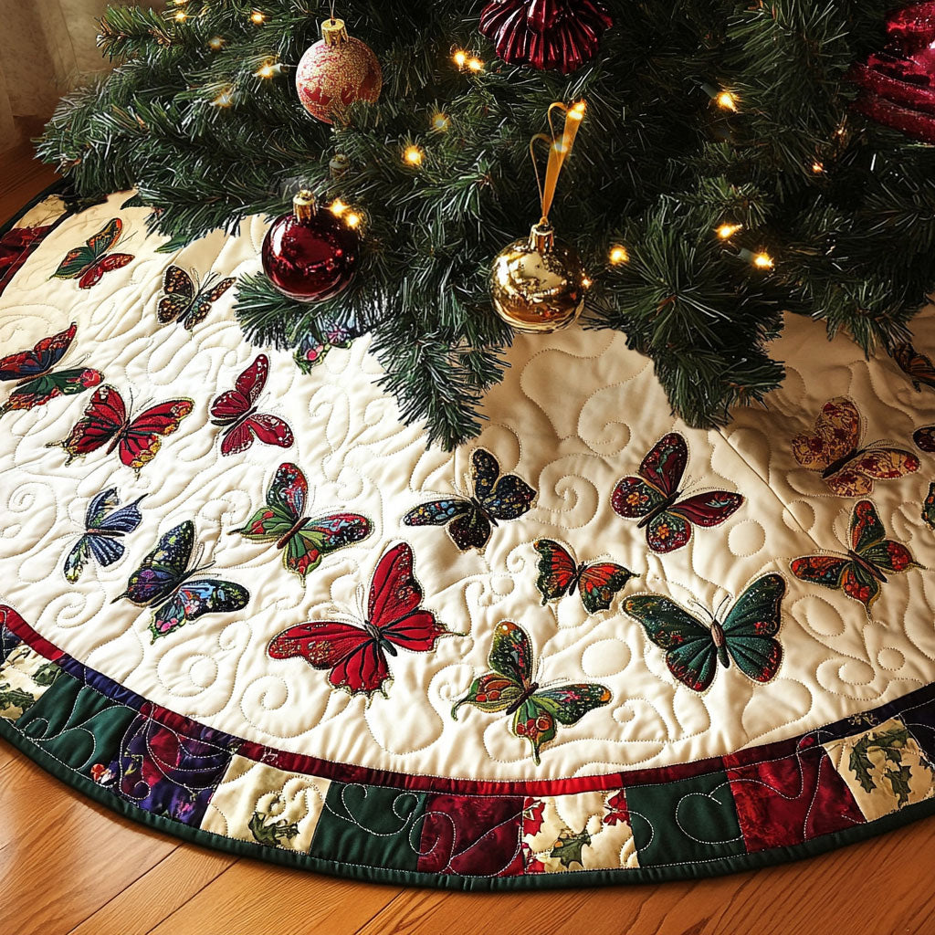 Dancing Butterflies Quilted Christmas Tree Skirt Lovely Holiday Tree Skirt for Festive Vibes