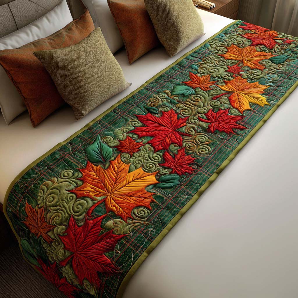 Dancing Maple Leaves Quilted Bed Runner Cute Fall Bedroom Decor Unique Gifts Family