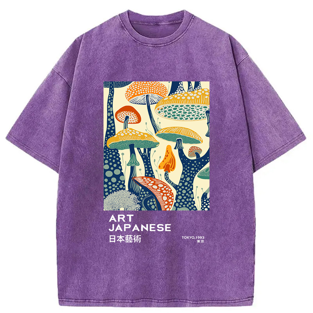 Dancing Mushroom Japanese Art Washed T-Shirt Retro Streetwear Graphic Top Gifts For Besties Dancing Mushroom Japanese Art Washed T-Shirt Retro Streetwear Graphic Top Gifts For Besties