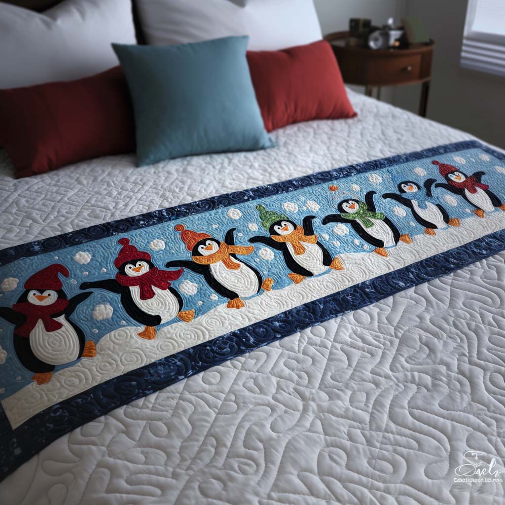 Dancing Penguins Quilted Bed Runner Christmas Holiday Decor Best Secret Santa Gifts